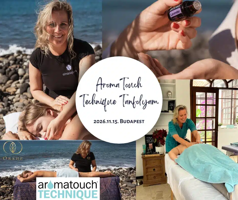Lázár Orsolya Aroma Touch Technique tanfolyamának képes bemutatója, négy fotó, amin éppen masszíroz